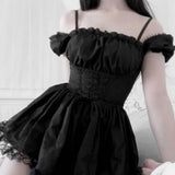 Shoulder Lace Spliced Dress Dark Style Waist Shows A Thin And Fluffy Short Skirt
