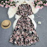 Zingj Summer New Temperament Shirt Dress Female Print Close Waist Over The Knee Big Place Socialite Floral Long Skirt