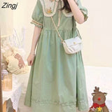 Floral Embroidery Lolita DressWomen Summer Kawaii Peter Pan Collar Loose Dress Elegant Luxury High Waist Party