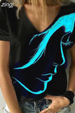 2023Fashion Women's Tops Abstract Portrait Painting T Shirt Loose Print V Neck Basic Tops Black / 3D Print Shirt