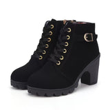High Heel Single Boots Belt Buckle Women's Shoes Thick Heel Short Boots Round Head Martin Boots Women's Lace And Bare Boots
