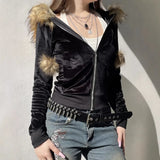 Cloth Forget Retro Hair Splicing Velvet Zipper Casual Coat BM Style Hooded Solid Color
