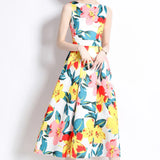 Retro Round Neckless Position Printing Dress Women's Summer Waist Thin Temperament Waist Swing Vest