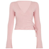 Casual Wind And Velvet Knit Two Sets Of Sexy V-Neck Tied T-Shirt Loose Waist Loose