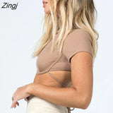 Women's Ribbed Lace-up Crop Tops Solid Color Round Neck Short Sleeve Ultra Short Navel Design Slim Fit Summer T-shirts