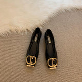 Women 2025 Spring New Design Sense Of Niche Soft Leather Light-Mouthed Metal Buckle Shoes Flat-Soled Grandmother