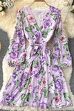 Women Floral Draped Mini Dress Bohemian Female V-Neck Puff Long Sleeve High Waist Bandage Pleated Vestido Female Robe