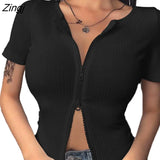 Women Front Zipper Ribbed Crop Top Autumn Solid Color Zip Long Sleeve V Neck Tight Knitwear T Shirts