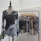 Shooting Tie-Dye Print Spliced Denim T-Shirt Girl Autumn Design Sense Irregular Hair Side Short-Sleeved Top