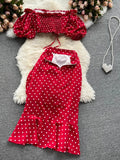 Women Red/Purple/Black Polka Dot Two Piece Set Summer Sexy Ruffle Short Drawstring Tops + High Waist Irregular Skirt 2pcs