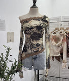Real Shooting Lace Splicing Oblique Shoulder Thin Tie-Dye Mesh T-Shirt Girl T-Shirt T-Shirt Shawl T-Shirt