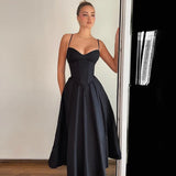 Women's 2025 Summer New Sexy V Tie Dress Black Bareback Sexy Dress