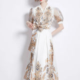 Court Style Dress Women's Early Spring New Bubble Sleeve Retro Print High-End Swing Dress