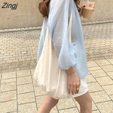 Women Solid Thin Breathable Three Quarter Female Clothes Summer Sun-proof Single Breasted Shirring Trendy Lantern