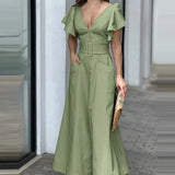 Zingj New V-Neck Dress Solid Color Lotus Leaf Sleeve Dress Temperament Commuter Waist Dress-Outfit