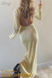 Women Autumn Long Sleeve Slim Fit Split Dresses Elegant Lady Backless Pleated Maxi Dress for Birthday Party Club