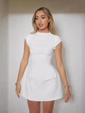 Spring And Summer New Women's Pure Color Round Neck Pocket Design Waist Repair