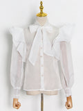 Sense Elegant Top 2025 Autumn New Bow Lotus Leaf Edges Half-Perspective Mesh Shirt Female