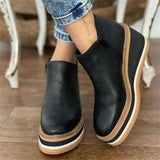 New Large-Size Slope And Short Boots Women Autumn And Winter Flat Bottom Zipper Round Head Solid Color Bare Boots Thick Bottom Leather