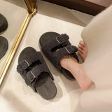 New Lamb Hairy Shoes Double Buckle Buckle Buckle Shoes Thick-Skin Pine Cake Word Sandals To Wear Slippers Women's
