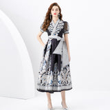 Court Dress Female Design Print Strap To The Waist Long French Bubble Sleeve Temperament Dress Dress