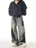 Zingj High Street Web Splash-Ink Broken Hole Jeans Men And Women Loose Deconstruction Versatile Straight Tube Wide Leg Long
