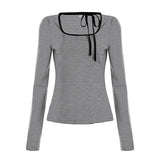 Girl Wind Around The Neck Tidling Design Bow Long-Sleeved T-Shirt Temperament Striped Print