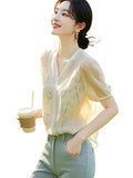 Small Fresh Short Sleeve Chiffon Shirt Women's Summer 2025 New Temperament Elegant Printed Shirt V Collar