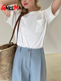 Women's Cotton T-shirt Short Sleeve Casual Solid Basic Women Summer Green Top Soft Knitted Pocket O-Neck Tshirts for Women