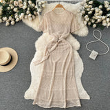 Zingj Summer Wear New Retro Hollow Out Light Ripe Super Fairy Short Sleeve Dress Female Sen Department Fishtail Package Hip Long Skirt