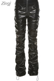 Faux PU Leather Pleated High Waist Black Stacked Pant Women Slim Hipster Street Style Long Trousers Hot Sale Trend