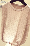 Sleeveless Lace Knitted Shirt 2023 Korean Patchwork Tops Women O-Neck Solid Hollow Out Clothes Mesh Chic Blusas 8795