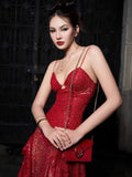 High-End Women's Perspective Sexy Sling Dress Dress Deep V Print High Open Fork Dress