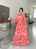 Light Luxury Temperament Dress Female High-End Feel Strapped Waist Three-Dimensional Flower Lantern Sleeve Print