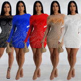 Zingj Fashion Women's Solid Color Net Gauze Feather Hot Diamond Long Sleeve Short Skirt