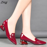 Size 34-42 Ol Office Lady Shoes Black Patent Leather Dress Shoes Pointed Toe Boat Shoes Med Heels Pumps zapatos
