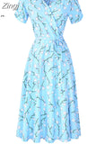Summer Elegant Short Sleeve Chiffon Dress Women Floral Printing Vintage A-Line Bohemian Beach Midi