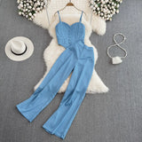 Sexy Striped 2Pcs Set Elegant Single Breasted Strap Camis Tops + High Waist Pants Casual Two Pieces Suits Female New
