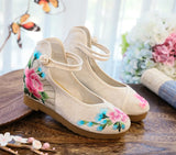 Zingj Shoes, Single Shoes, Peony Folding Fan Ancient Wind Embroidered Cloth Shoes, A Word Buckle Retro Slope Heel