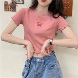 Zingj 2024 Summer High Waist Crop Short T-Shirt Women Slim And Thin Butterfly Embroidery Short-Sleeved Top