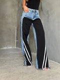 Hooded Spliced Jeans Women's Autumn New Mid-Rise Trousers Against The Feeling Of Bumping Striped