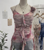 Asymmetrical Lotus Leaf Side Flower V-Neck Sling Vest Dyed Mesh Cross-Sleeveless Top