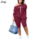 Print Tracksuit Women Set Top Shorts Casual 2 Piece Sets Womens Outfits One Shoulder Matching Sets for