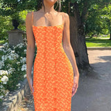 Women's Summer Sexy Bodycon Dress Spaghetti Strap Sleeveless Backless Slim Fit Floral Printed Long