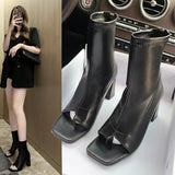 Short-Shoe Women 2025 Spring Clip Toe Elastic Sleeve Fish Mouth Coarse And Cool Boots Women's Boots Square High