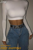 Turtleneck Long SLeeve White Sexy Crop Tops Casual Fashion T Shirts Black Women Autumn Winter Tees Brown