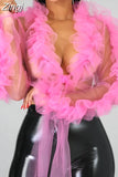 Shirts Mesh Sheer See Through Ruffles Long Sleeve Crop Tops Deep V-neck Lace-up Blouses Party Outwear 3