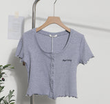 Casual Wood-Eared Embroidery Short Small Cardigan Bottom Shirt T-Shirt T-Enum T-Shirt