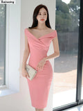 Summer Women Elegant Midi Dress Bodycon Office Lady Korea Style Solid Bodycon Clothing Femme