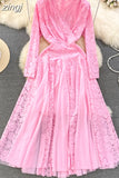 Autumn Women Mesh Patchwork Lace Long Dress Vintage V-Neck A-Line Elegant Party Maxi Robe Purple/White/Green Vestido
